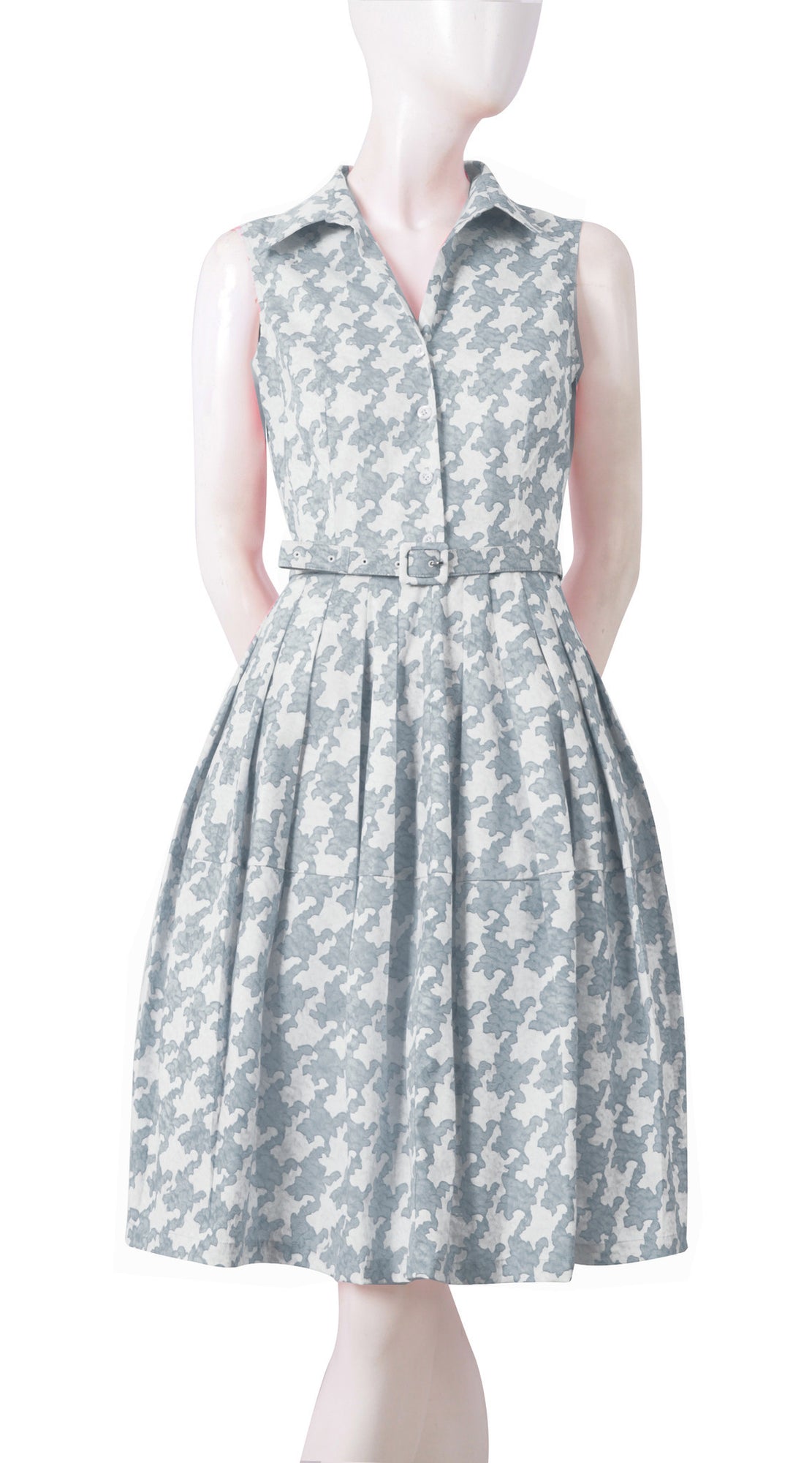 Claire Dress Dress Shirt Collar Sleeveless Cotton Stretch (Pablo Houndstooth)