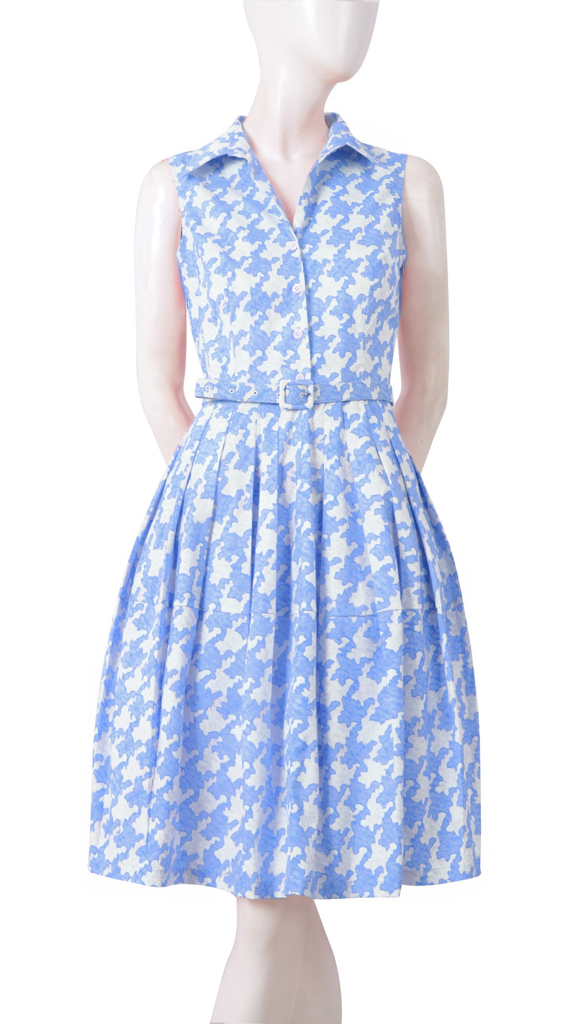 Sleeveless | Pablo Houndstooth | Ivory Soft Baby Blue | Front-1 | Shirt Dress By Samantha Sung