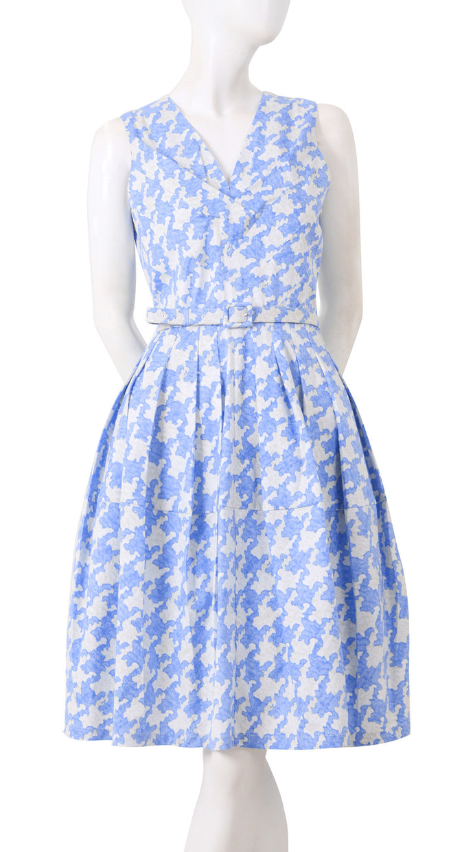 Sleeveless | Pablo Houndstooth | Ivory Soft Sky Blue | Front | Shirt Dress By Samantha Sung