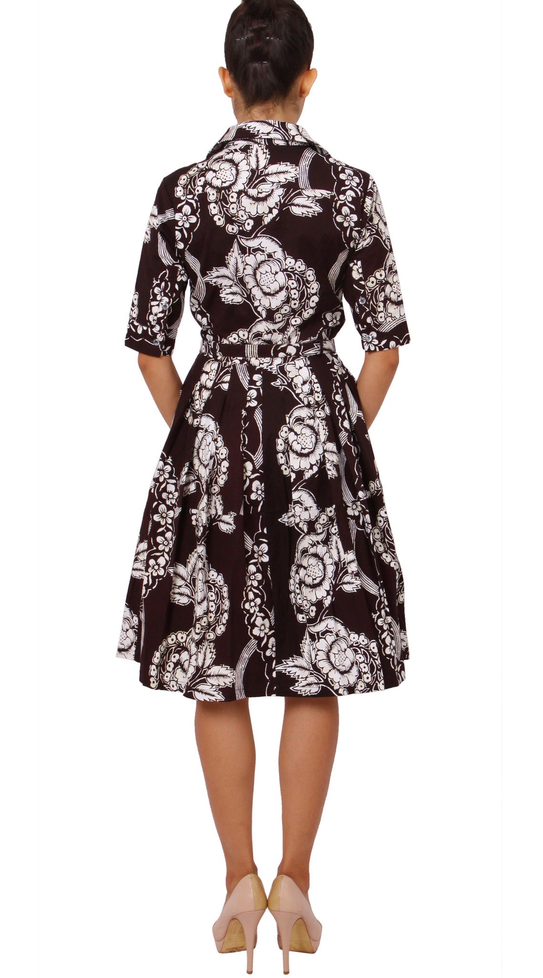 1/2 Sleeve | Picardi Linen | Burgundy Ivory | Back | Shirt Dress By Samantha Sung