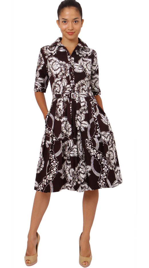 1/2 Sleeve | Picardi Linen | Burgundy Ivory | Front-1 | Shirt Dress By Samantha Sung