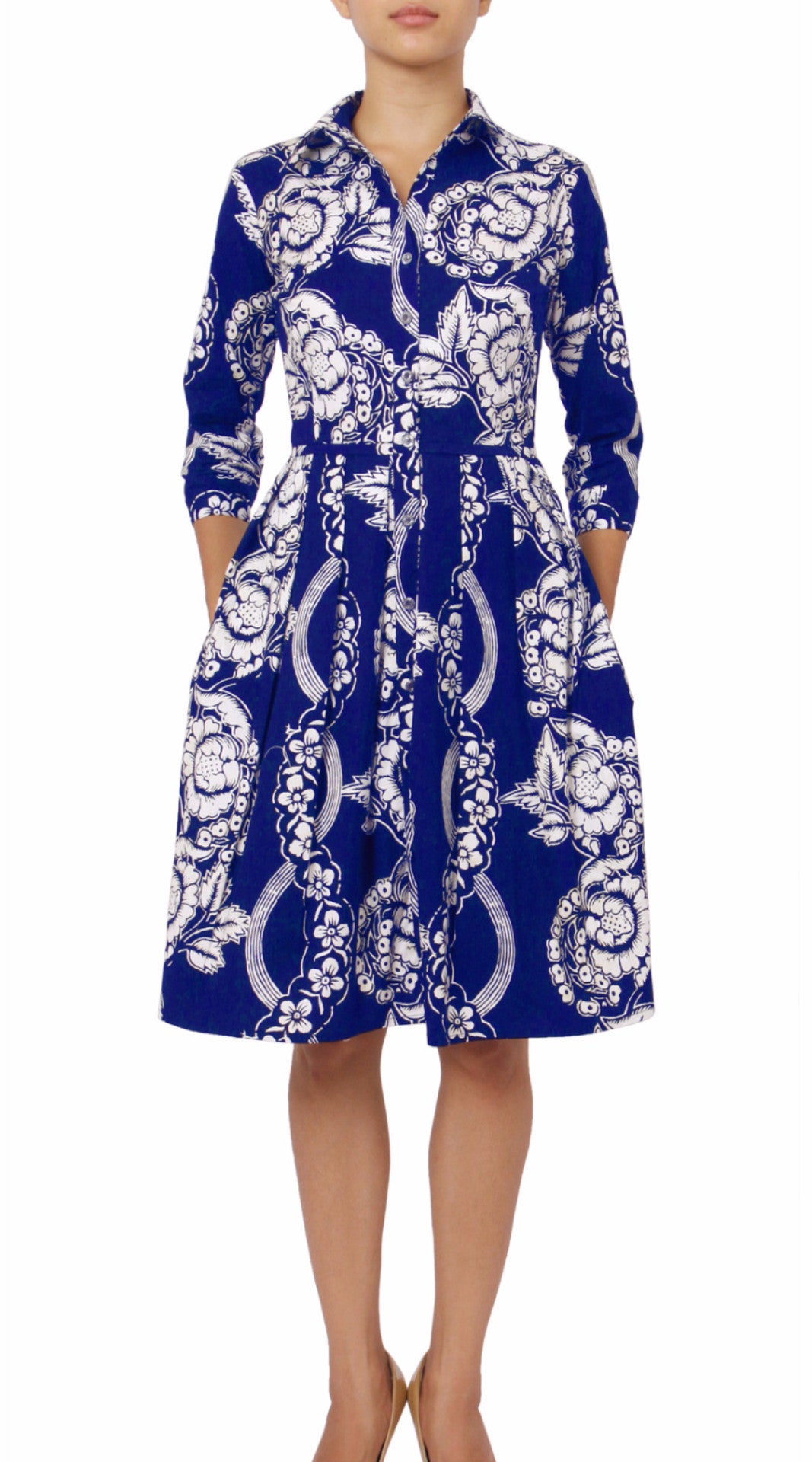 3/4 Sleeve | Picardi Linen | Cobalt Ivory | Front | Shirt Dress By Samantha Sung