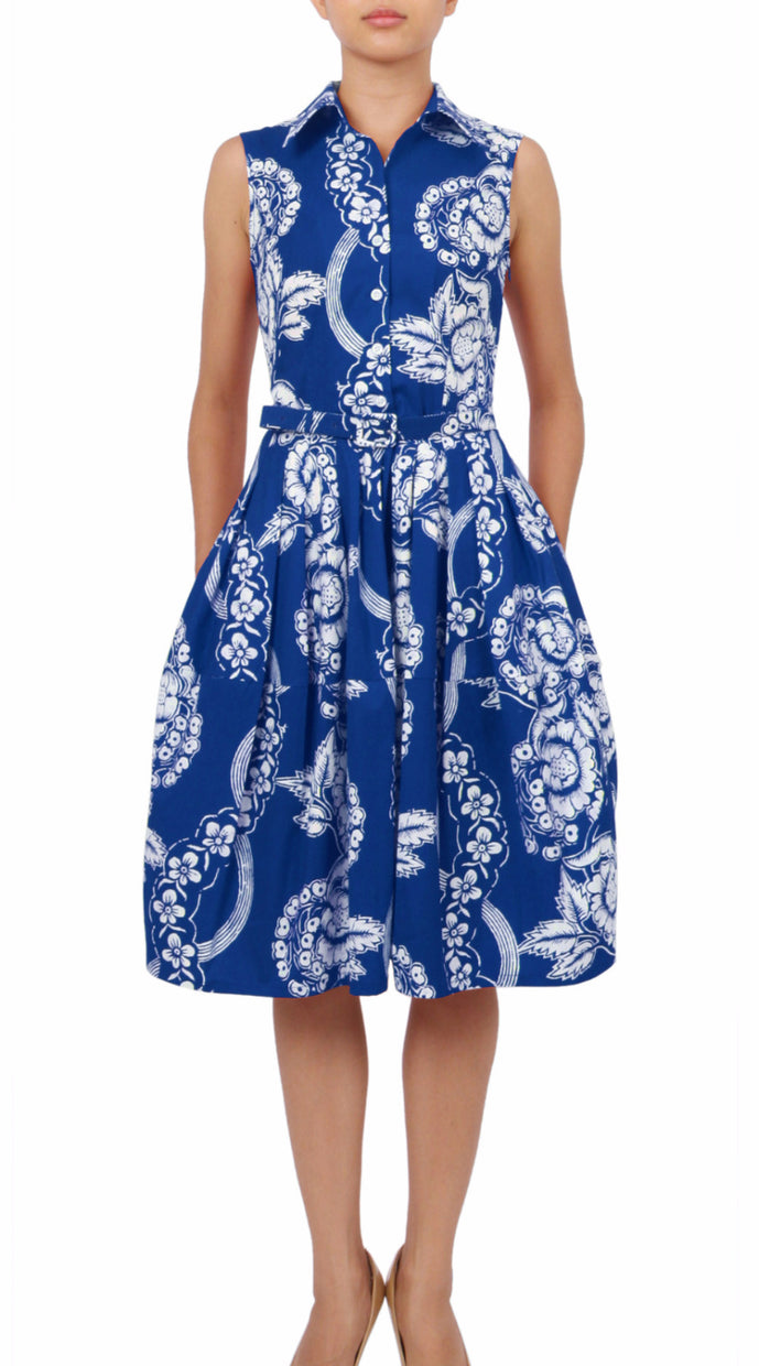 Sleeveless | Picardi Linen | Cobalt Blue Ivory | Front | Shirt Dress By Samantha Sung
