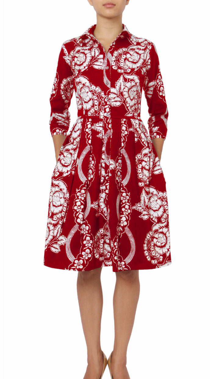 3/4 Sleeve | Picardi Linen | Indian Red Ivory | Front | Shirt Dress By Samantha Sung
