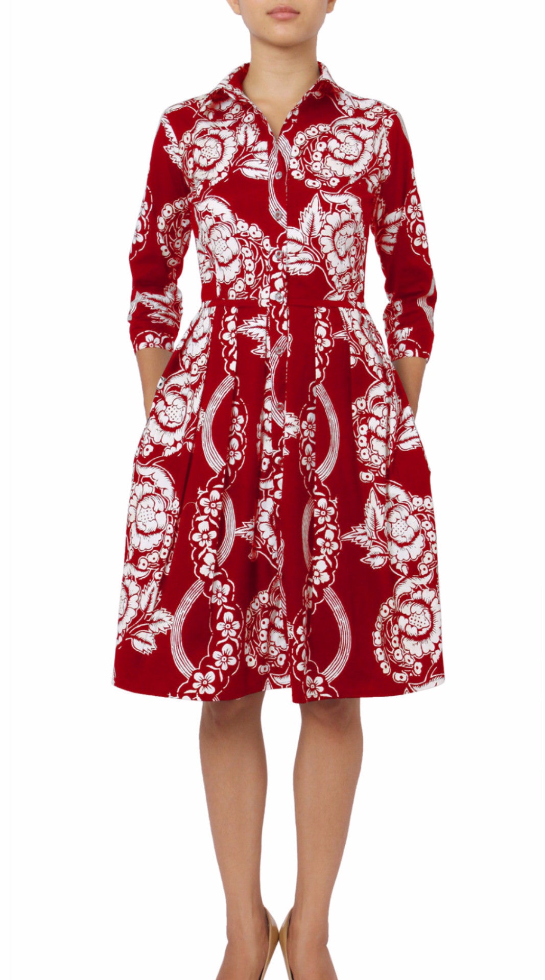 3/4 Sleeve | Picardi Linen | Indian Red Ivory | Front | Shirt Dress By Samantha Sung