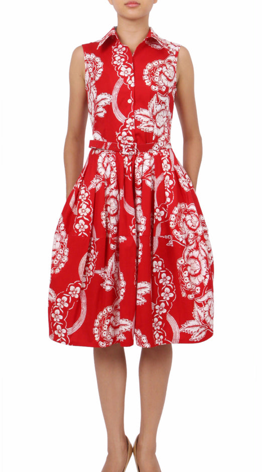Sleeveless | Picardi Linen | Indian Red Ivory | Front-1 | Shirt Dress By Samantha Sung
