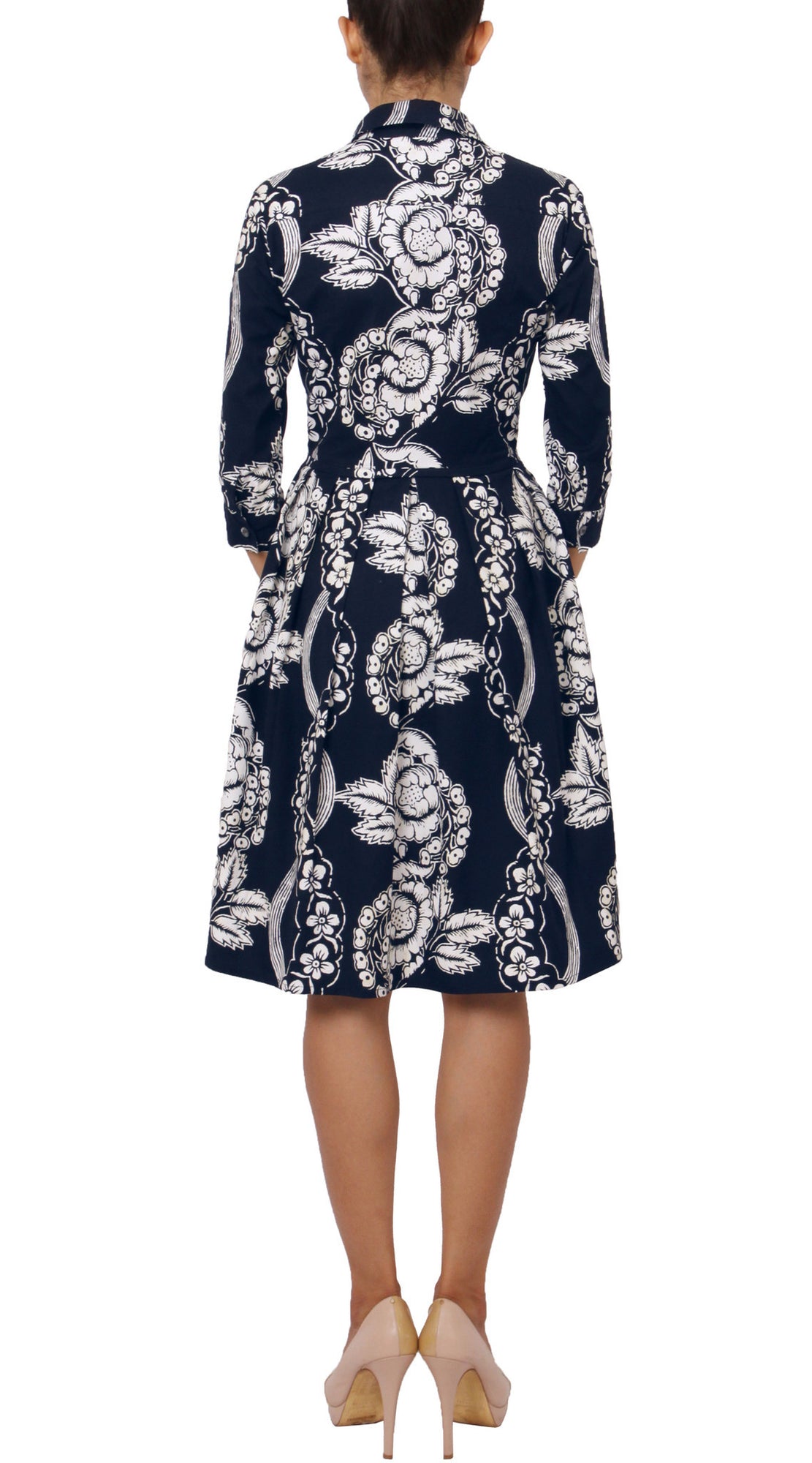 3/4 Sleeve | Picardi Linen | Indigo Ivory | Front | Shirt Dress By Samantha Sung