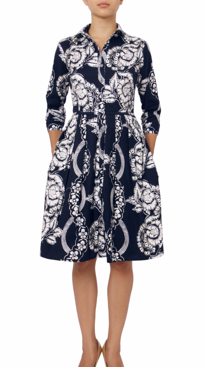 3/4 Sleeve | Picardi Linen | Indigo Ivory | Front | Shirt Dress By Samantha Sung