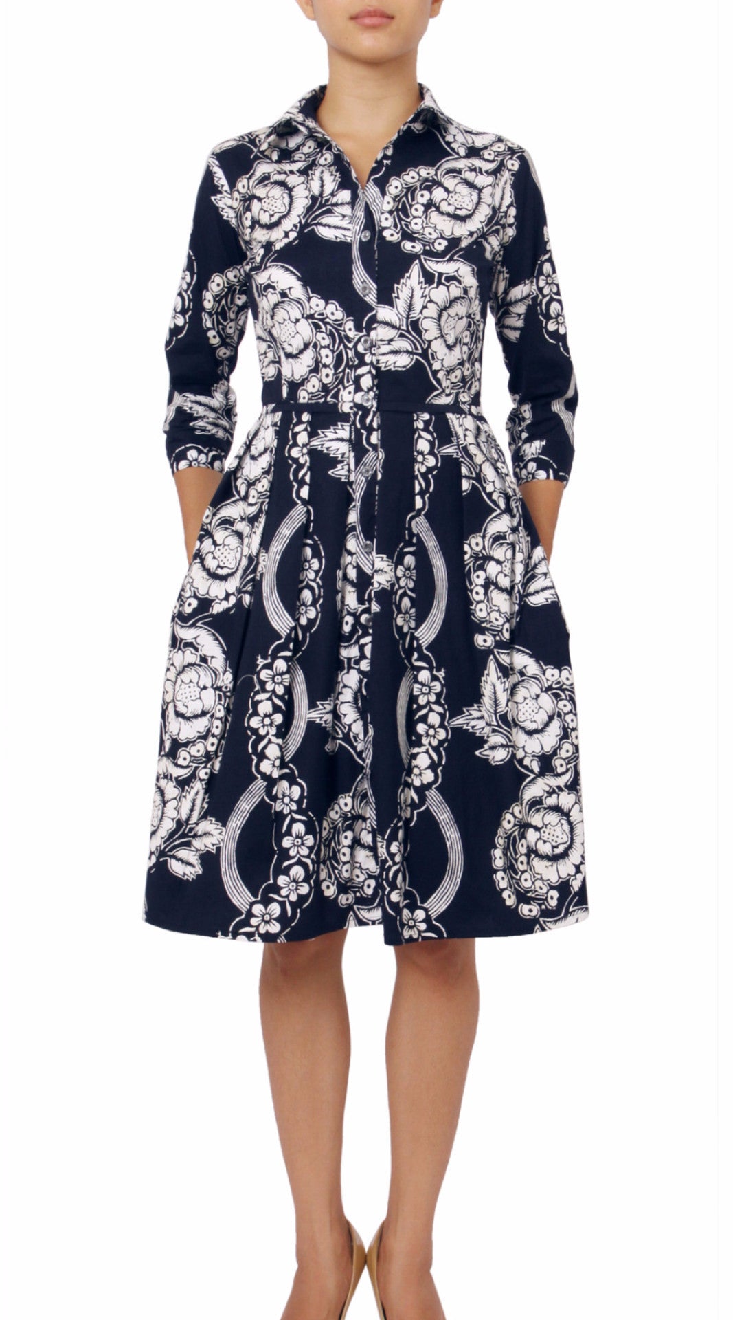3/4 Sleeve | Picardi Linen | Indigo Ivory | Front | Shirt Dress By Samantha Sung