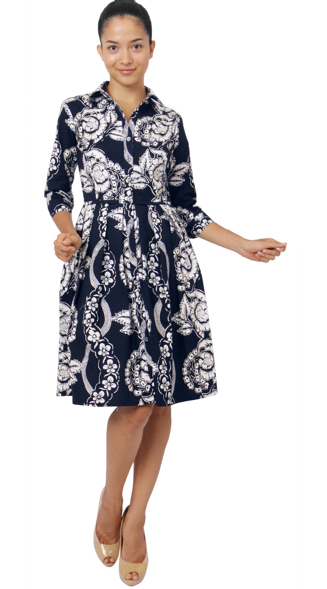 3/4 Sleeve | Picardi Linen | Indigo Ivory | Front-1 | Shirt Dress By Samantha Sung