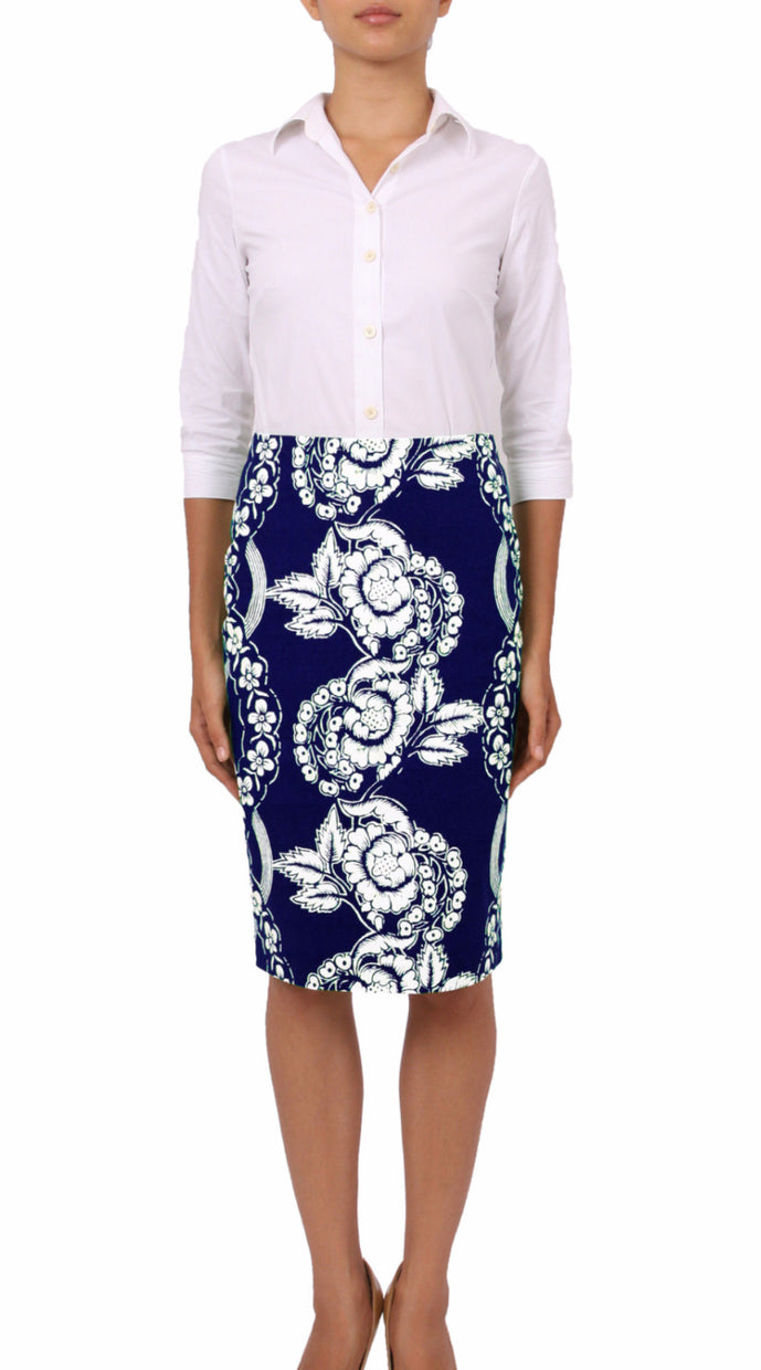 Regular | Picardi Linen | Indigo Ivory | Front | Skirt By Samantha Sung