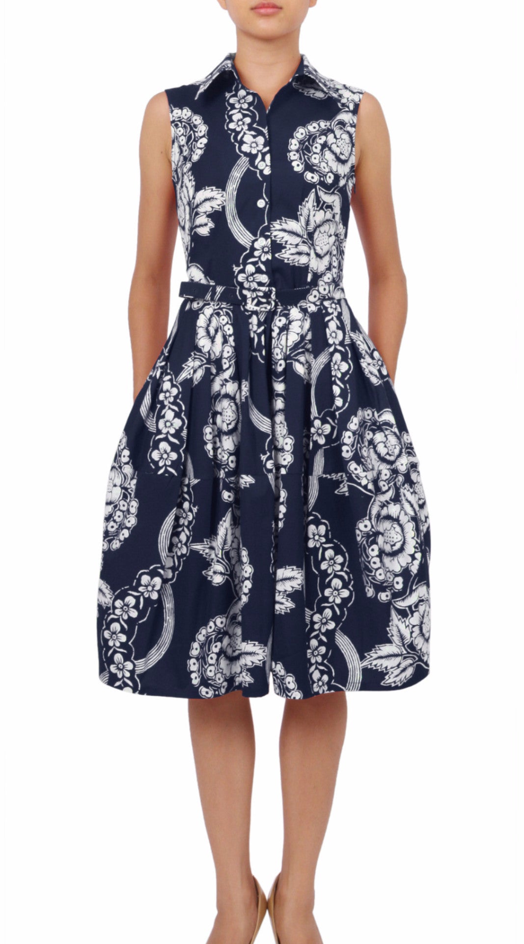 Sleeveless | Picardi Linen | Indigo Ivory | Front | Shirt Dress By Samantha Sung