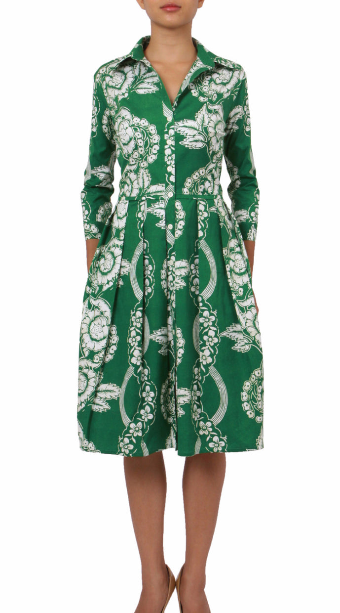 3/4 Sleeve | Picardi Linen | Pine Green Ivory | Front | Shirt Dress By Samantha Sung