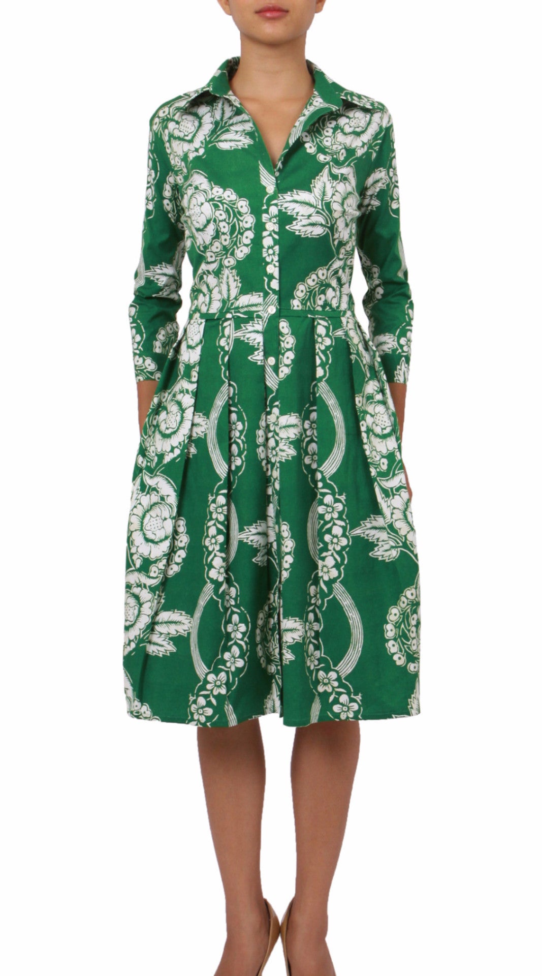 3/4 Sleeve | Picardi Linen | Pine Green Ivory | Front | Shirt Dress By Samantha Sung
