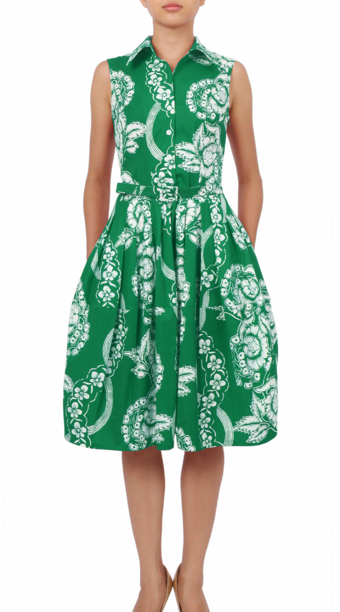 Sleeveless | Picardi Linen | Pine Green Ivory | Front | Shirt Dress By Samantha Sung