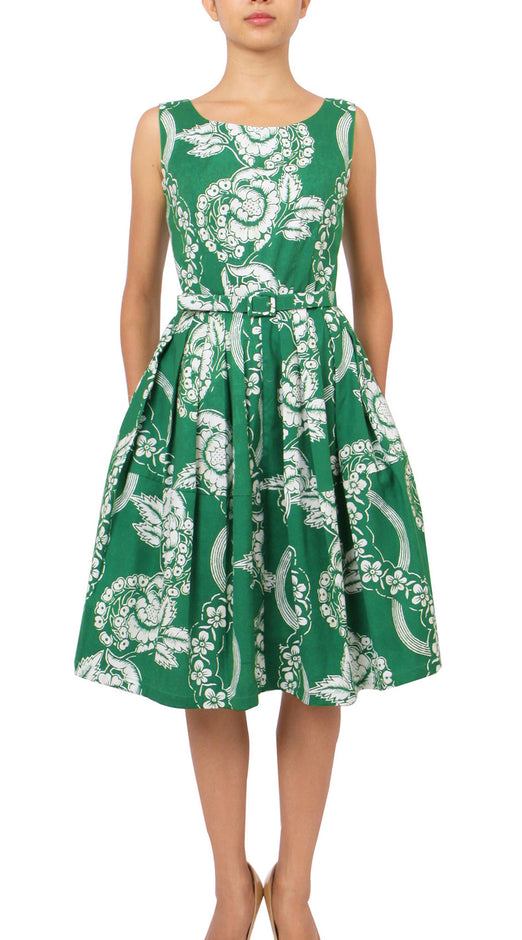 Sleeveless | Picardi Linen | Pine Green Ivory | Front-1 | Dress By Samantha Sung