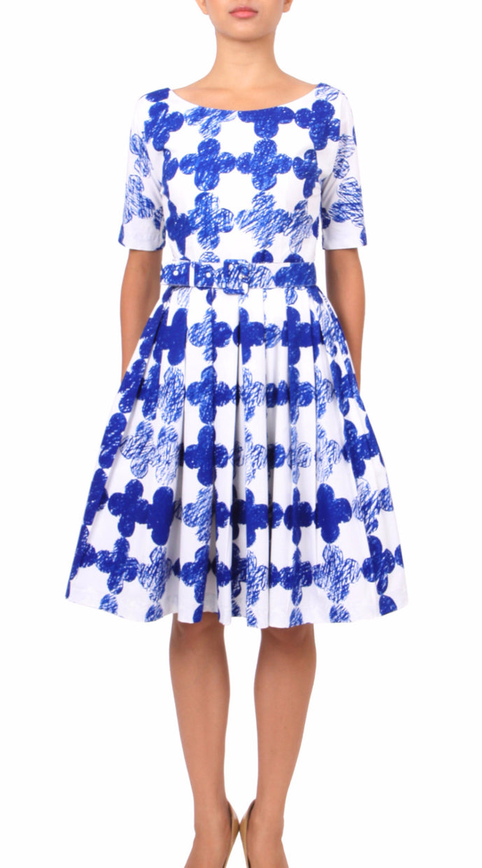 1/2 Sleeve | Pop Clover | White Cobalt Blue | Front | Dress By Samantha Sung