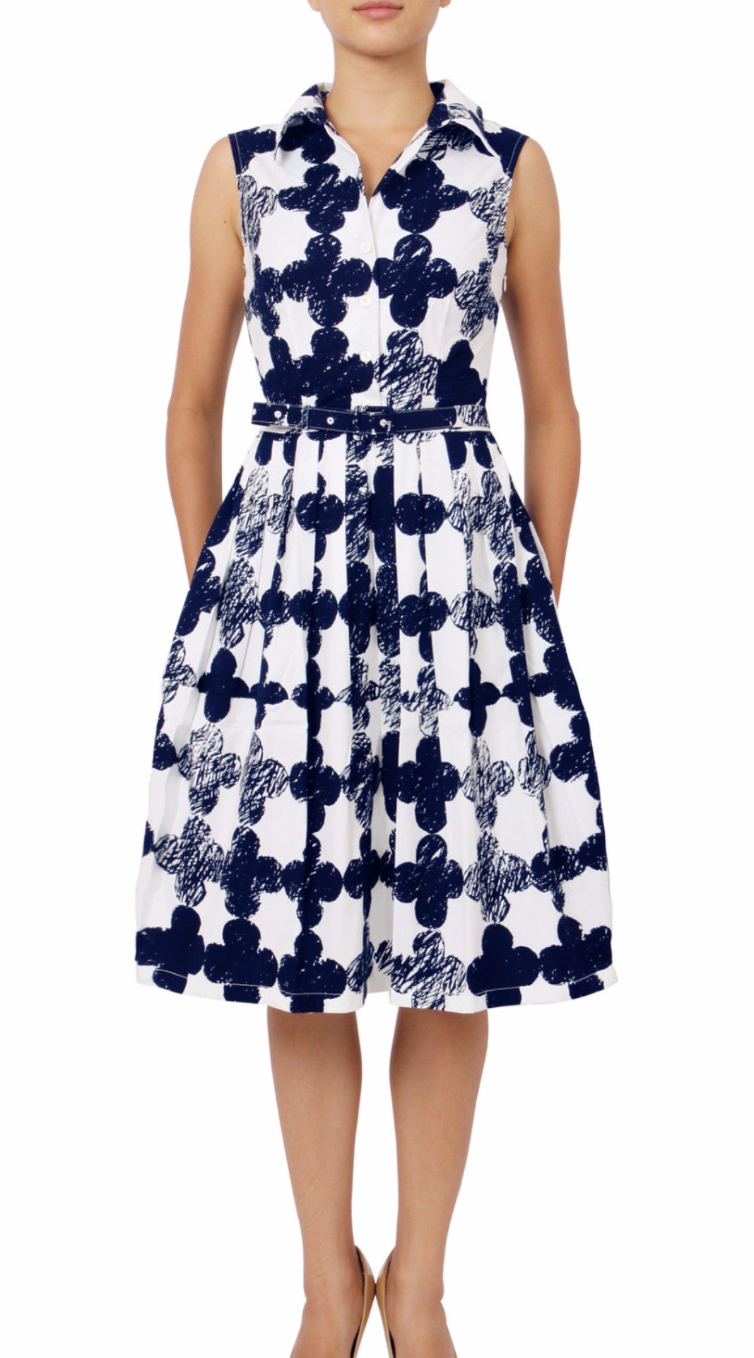 Sleeveless | Pop Clover | White Indigo | Front | Shirt Dress By Samantha Sung