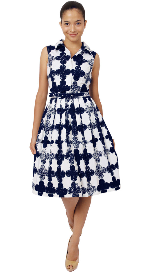 Sleeveless | Pop Clover | White Indigo | Front-1 | Shirt Dress By Samantha Sung