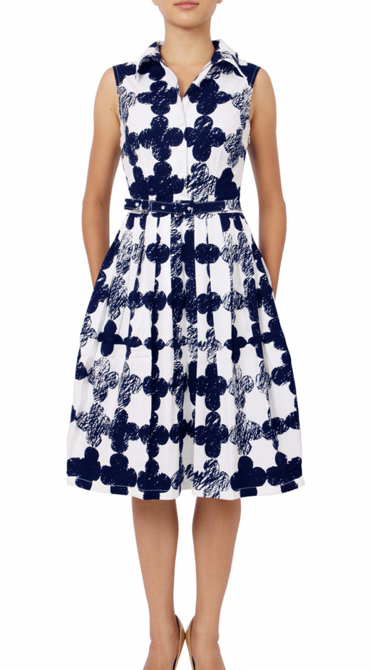 Sleeveless | Pop Clover | White Indigo | Front-1 | Shirt Dress By Samantha Sung