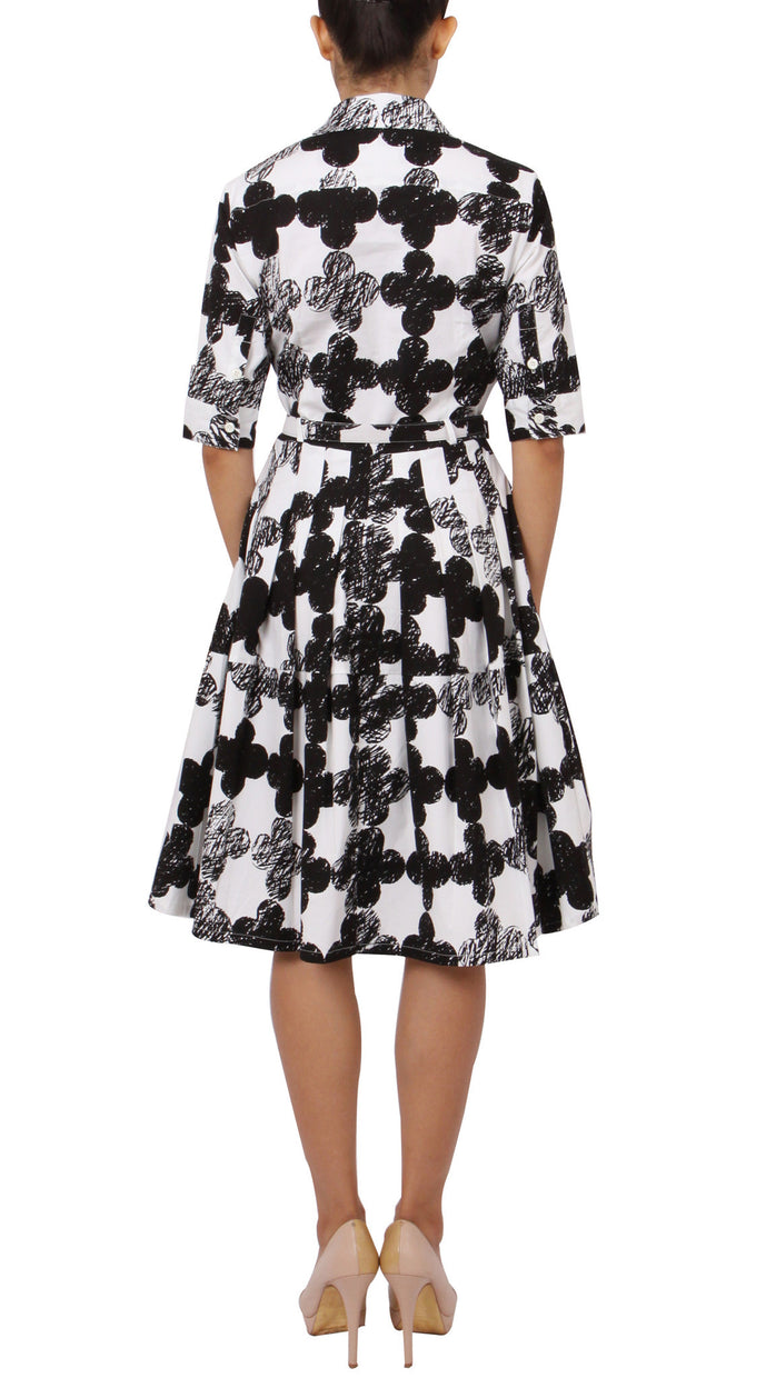 1/2 Sleeve | Pop Clover | White Black | Back | Shirt Dress By Samantha Sung