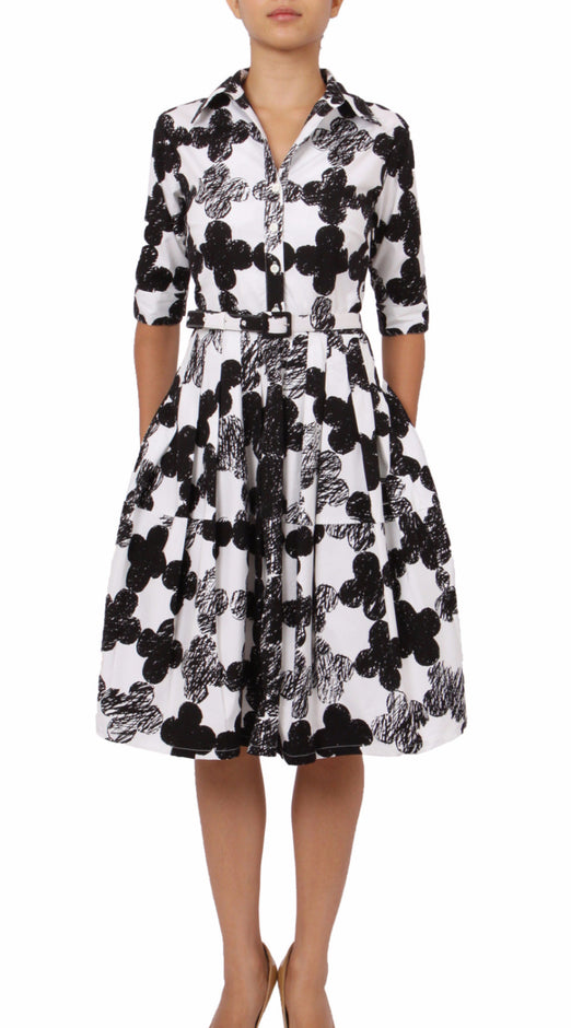 1/2 Sleeve | Pop Clover | White Black | Front-1 | Shirt Dress By Samantha Sung