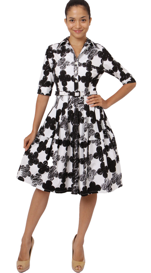 1/2 Sleeve | Pop Clover | White Black | Front-1 | Shirt Dress By Samantha Sung