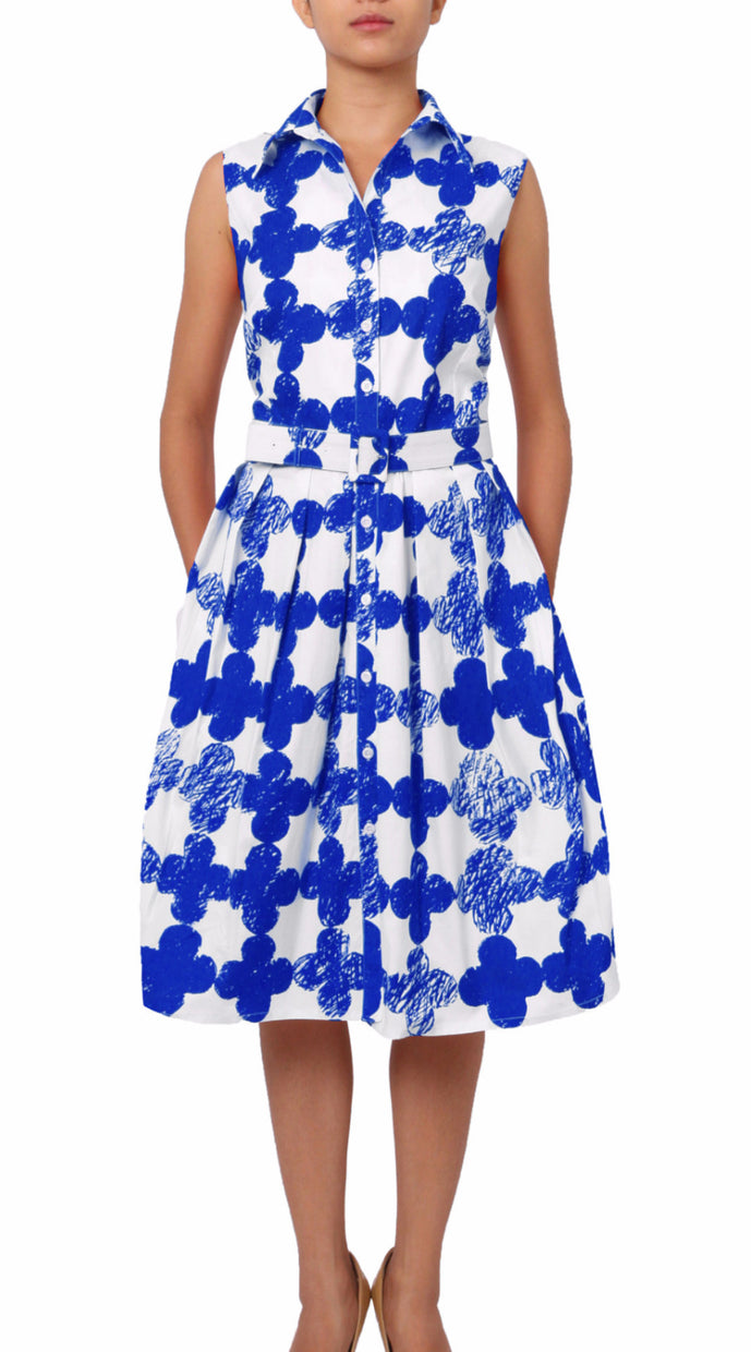 Sleeveless | Pop Clover | White Cobalt Blue | Front | Shirt Dress By Samantha Sung