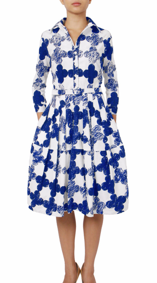 3/4 Sleeve | Pop Clover | White Indigo | Front-1 | Shirt Dress By Samantha Sung
