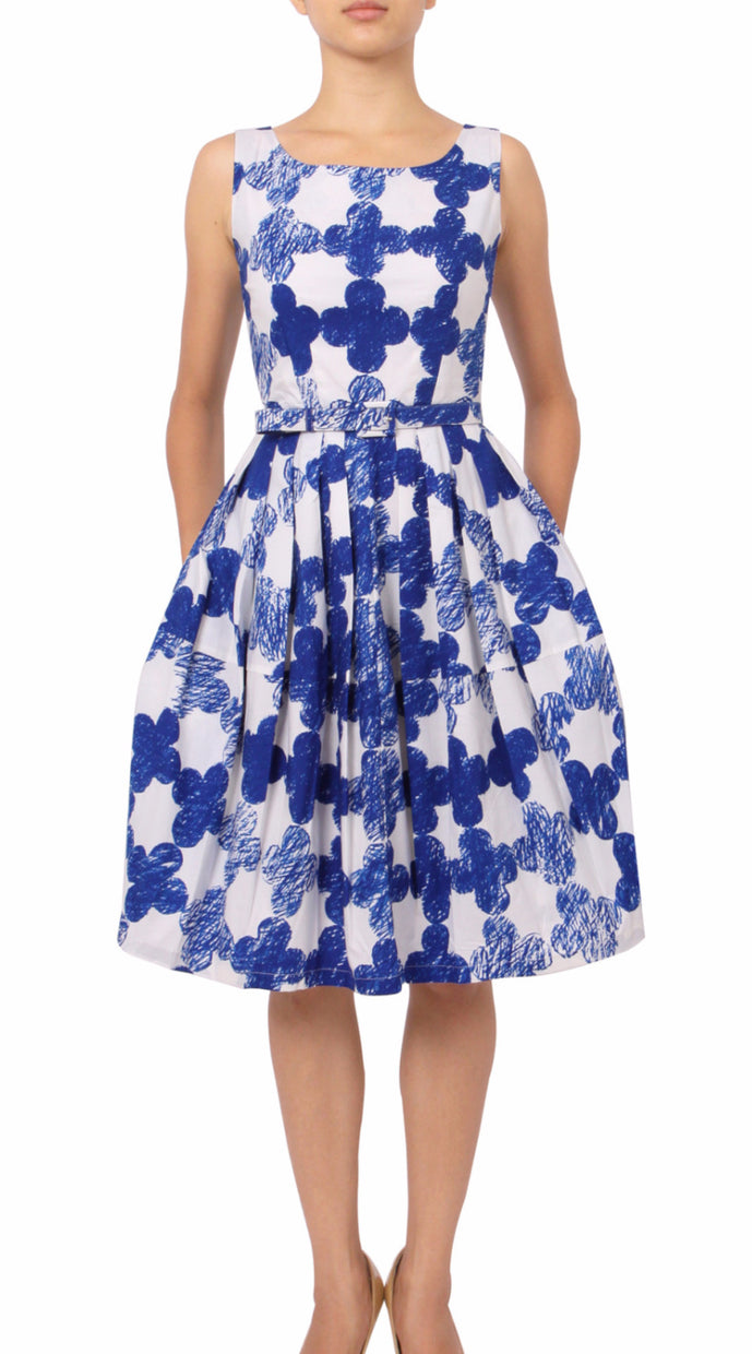 Sleeveless | Pop Clover | White Cobalt Blue | Front | Dress By Samantha Sung