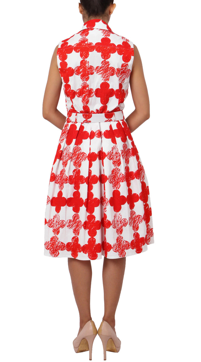 Sleeveless | Pop Clover | White Indian Red | Back | Shirt Dress By Samantha Sung