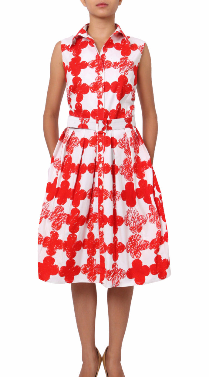 Sleeveless | Pop Clover | White Indian Red | Front | Shirt Dress By Samantha Sung
