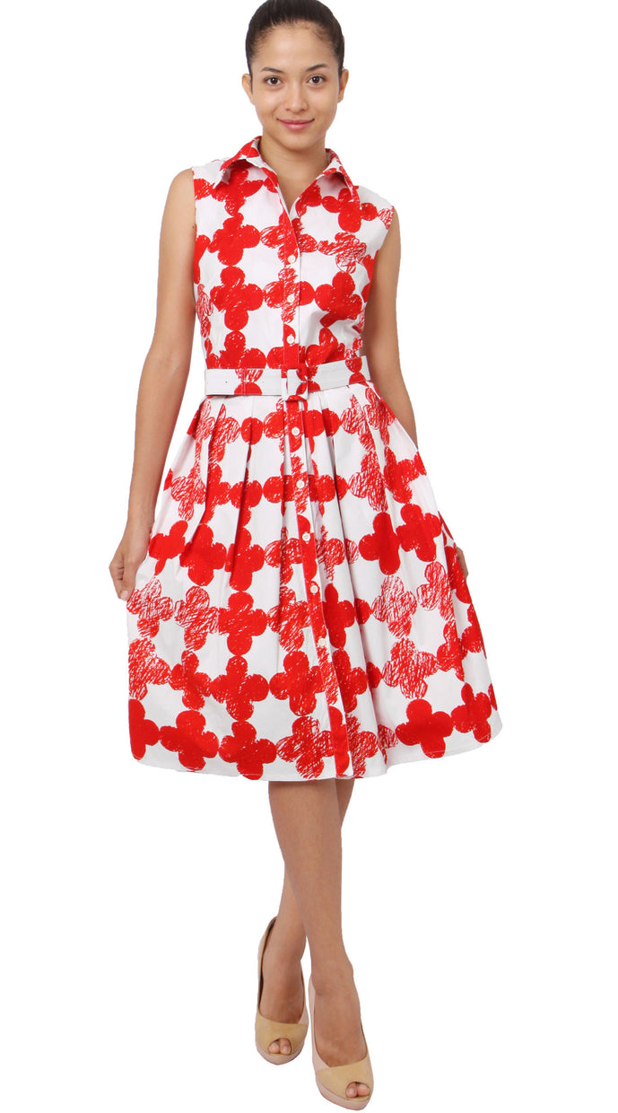 Sleeveless | Pop Clover | White Indian Red | Front-1 | Shirt Dress By Samantha Sung