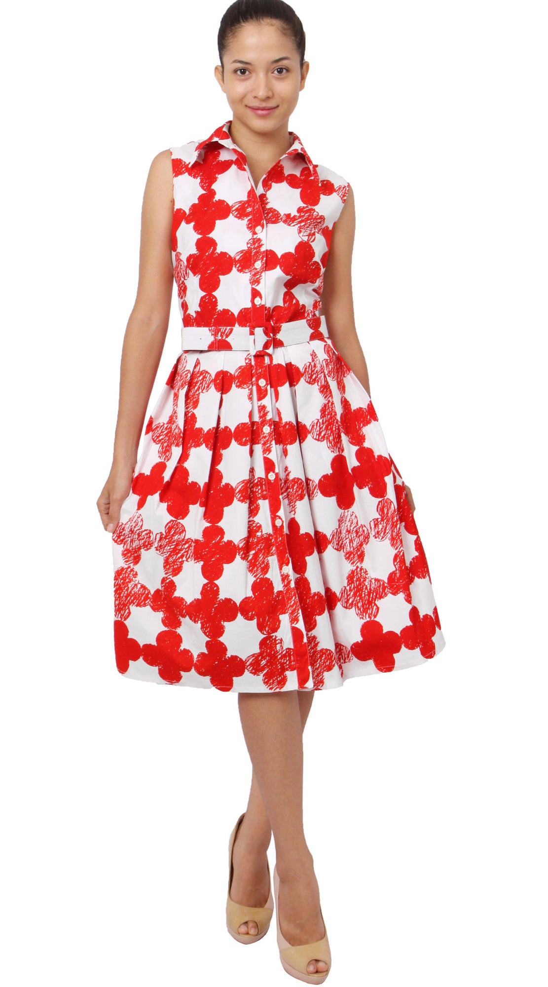 Sleeveless | Pop Clover | White Indian Red | Front-1 | Shirt Dress By Samantha Sung