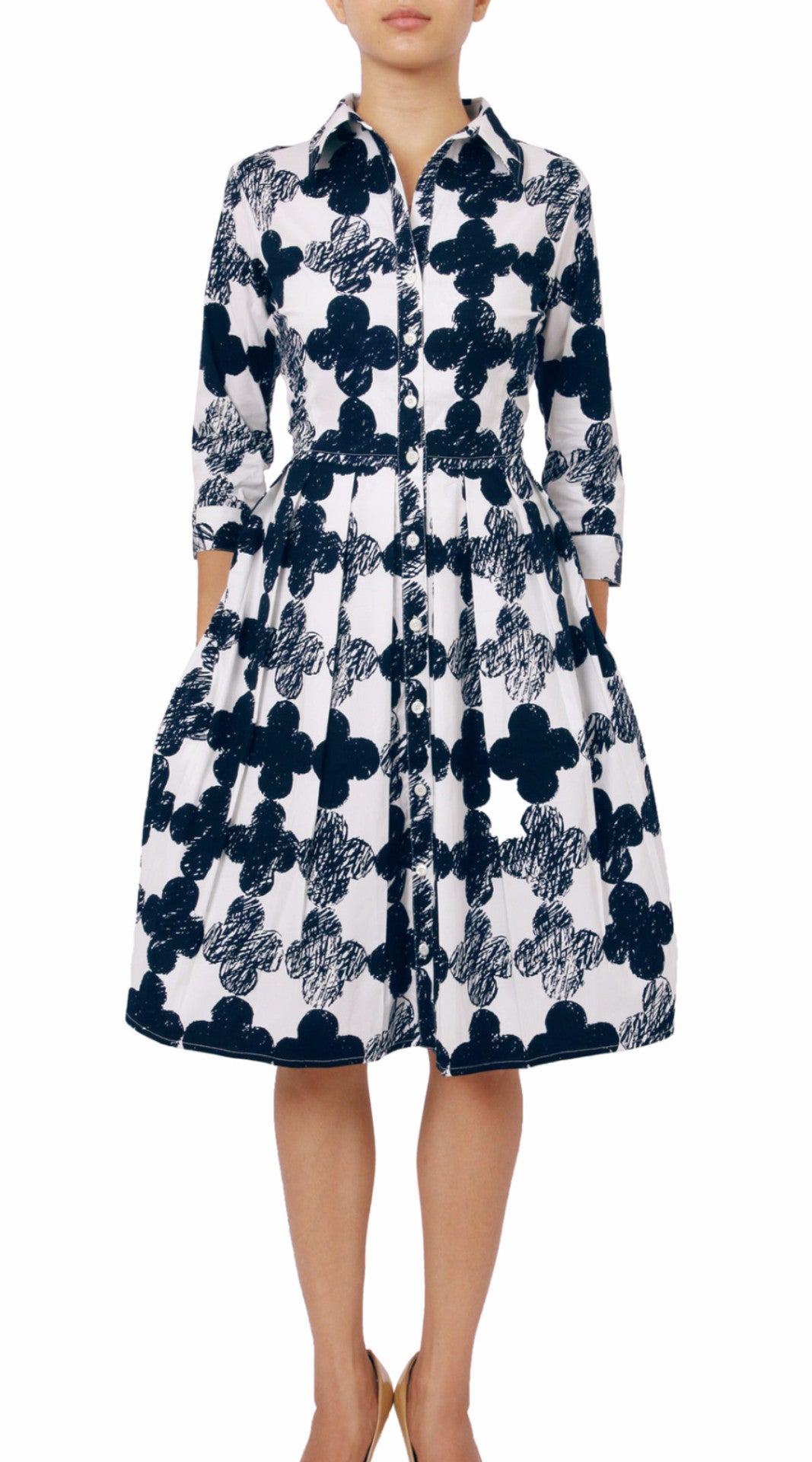 3/4 Sleeve | Pop Clover | White Indigo | Front | Shirt Dress By Samantha Sung