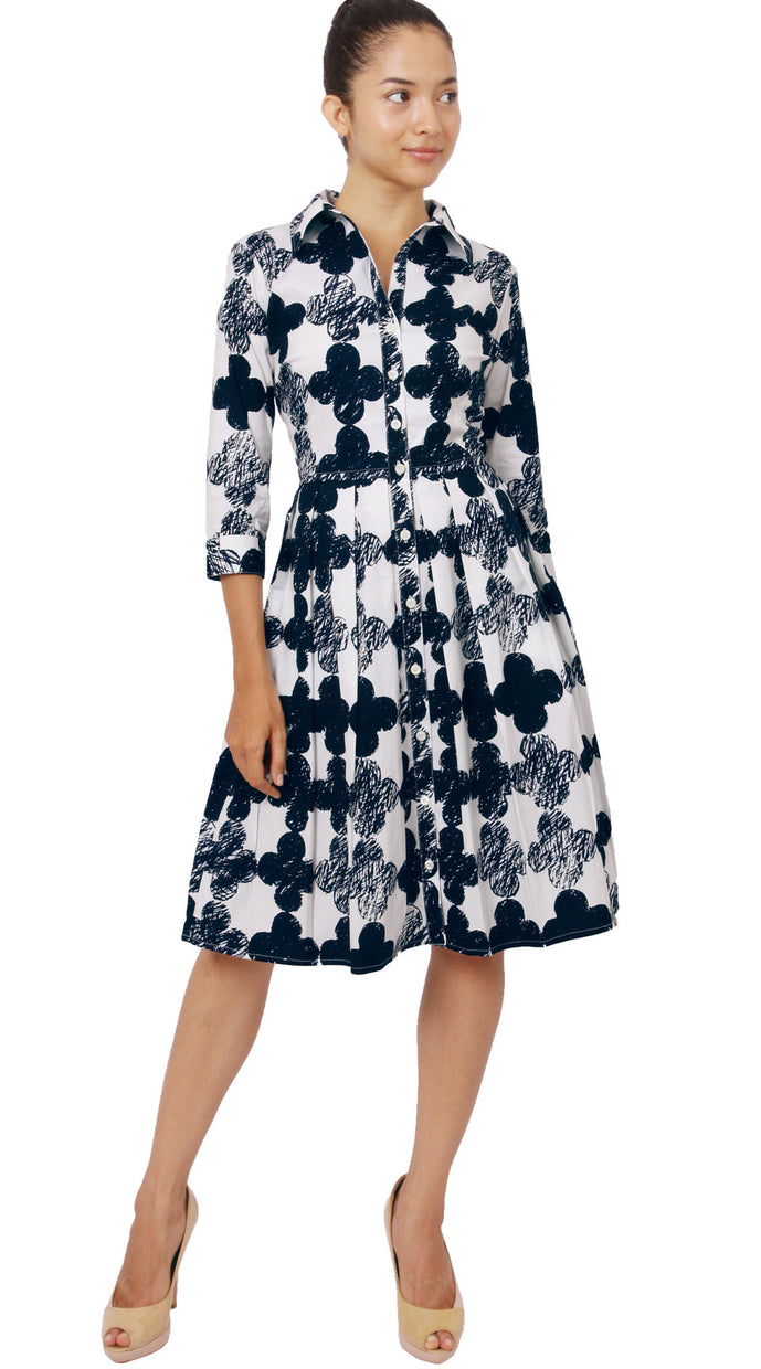 3/4 Sleeve | Pop Clover | White Indigo | Front-1 | Shirt Dress By Samantha Sung