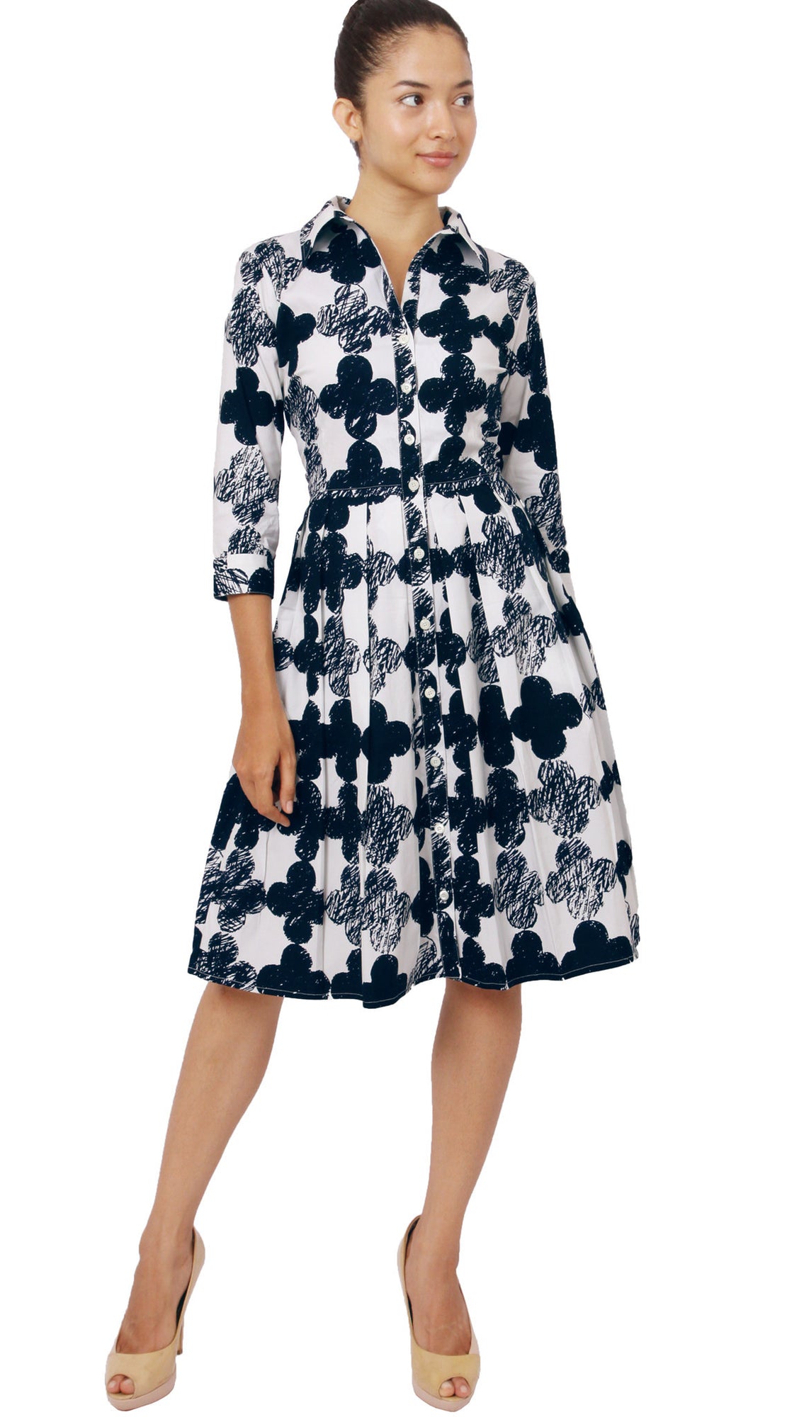 3/4 Sleeve | Pop Clover | White Indigo | Front-1 | Shirt Dress By Samantha Sung