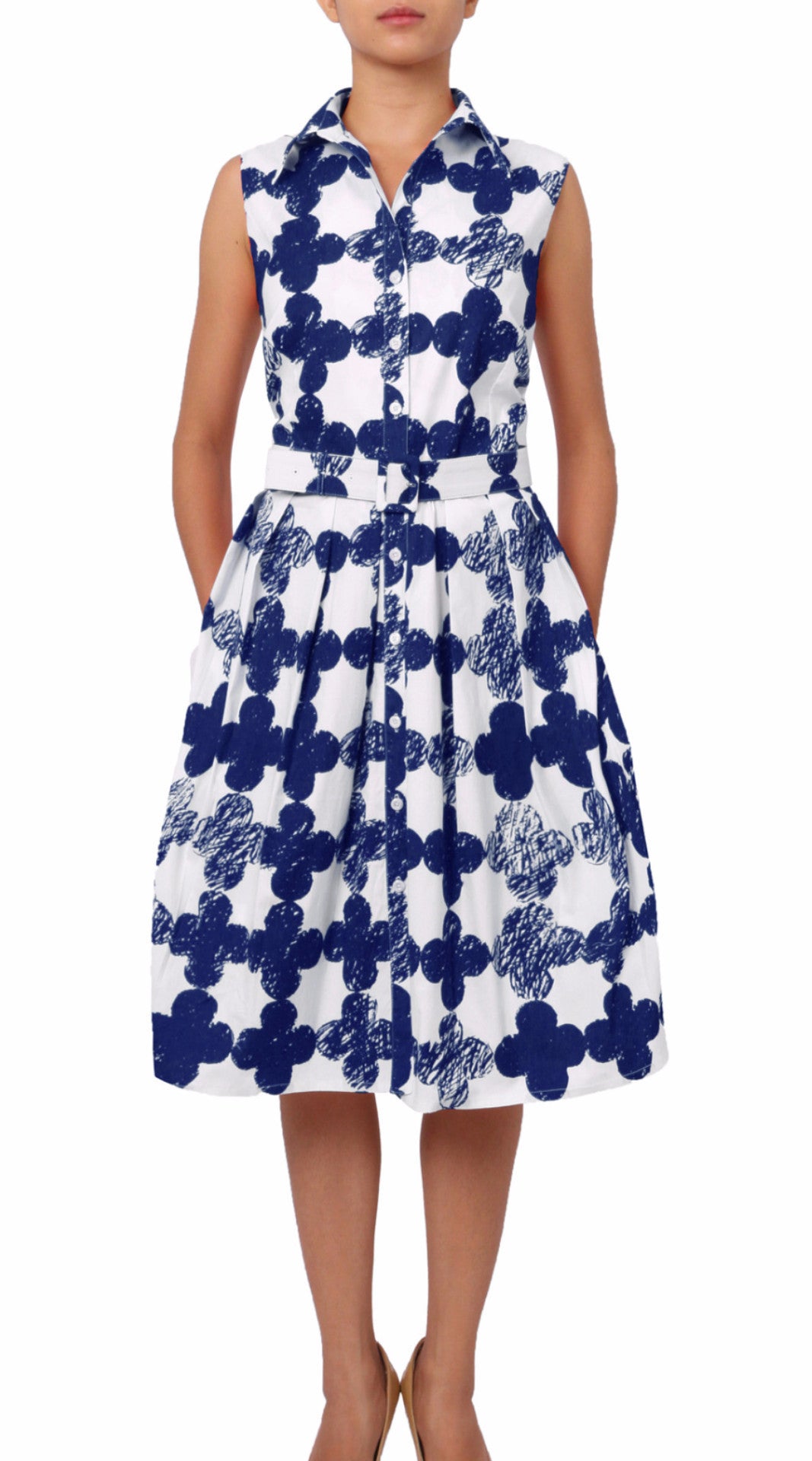 Sleeveless | Pop Clover | White Indigo | Front | Shirt Dress By Samantha Sung