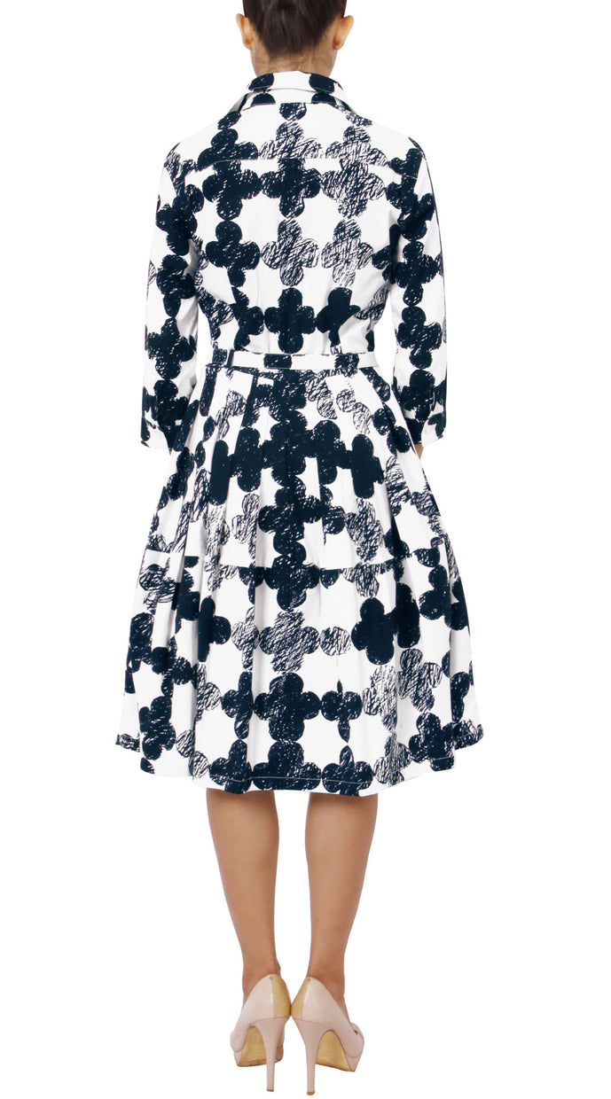 3/4 Sleeve | Pop Clover | White Indigo | Back | Shirt Dress By Samantha Sung