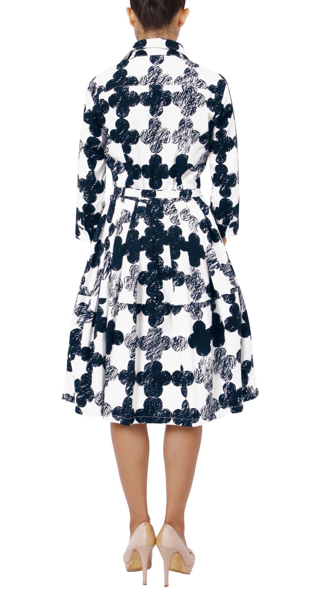 3/4 Sleeve | Pop Clover | White Indigo | Back | Shirt Dress By Samantha Sung