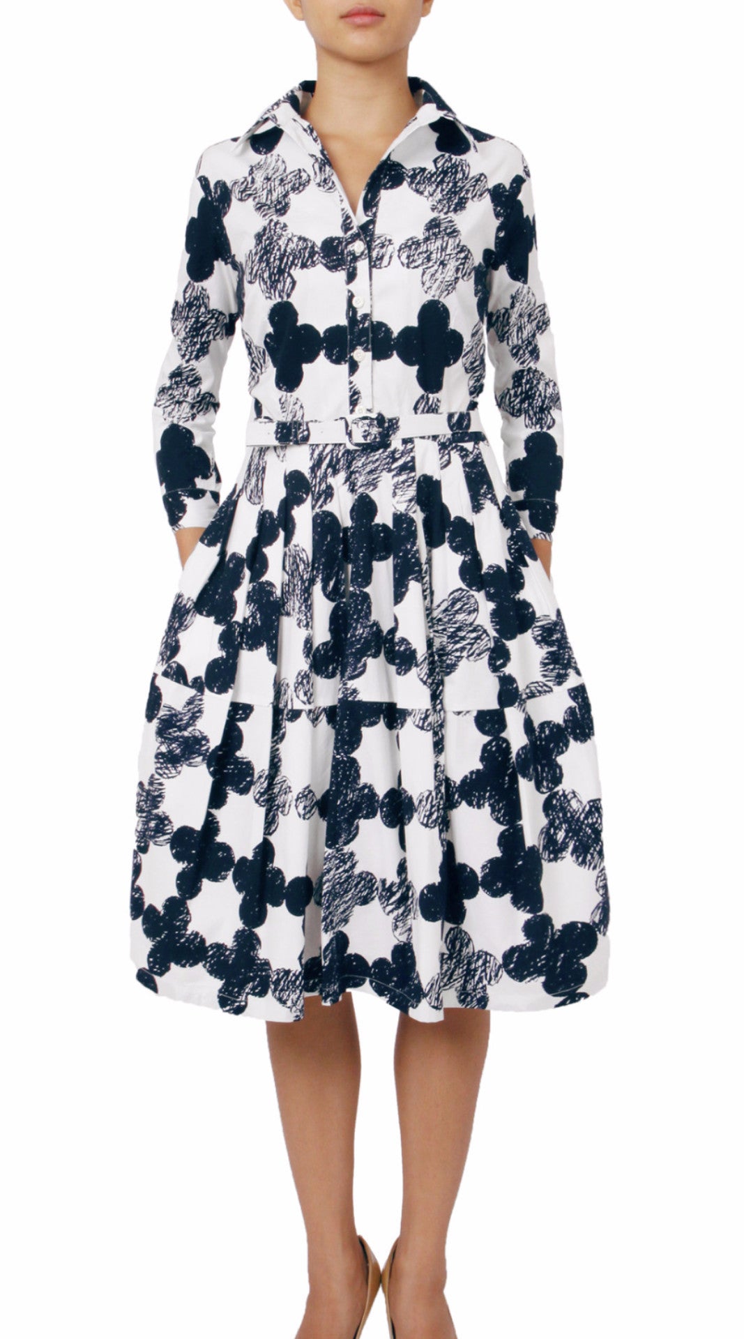 3/4 Sleeve | Pop Clover | White Indigo | Front | Shirt Dress By Samantha Sung