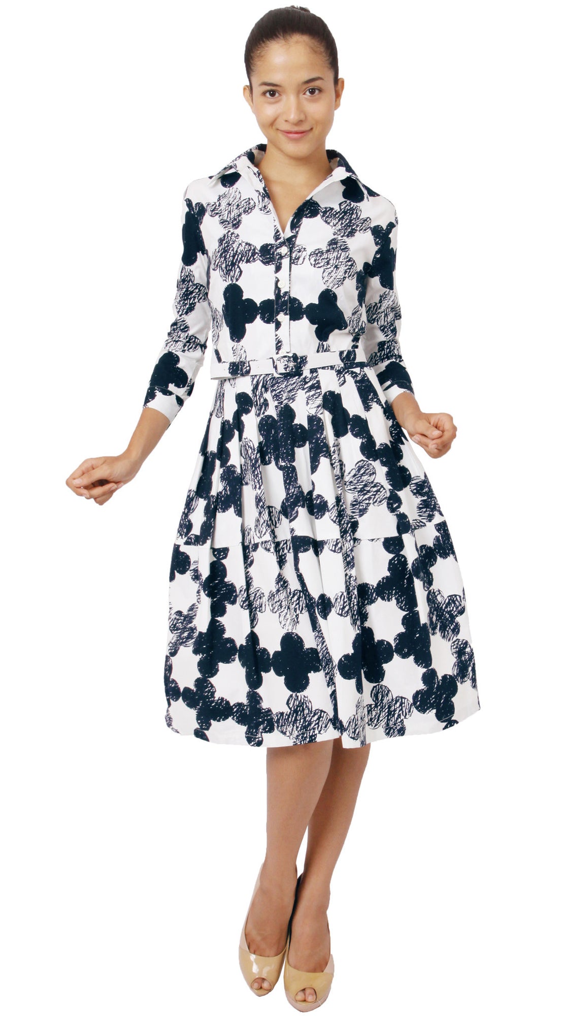 3/4 Sleeve | Pop Clover | White Indigo | Front-1 | Shirt Dress By Samantha Sung