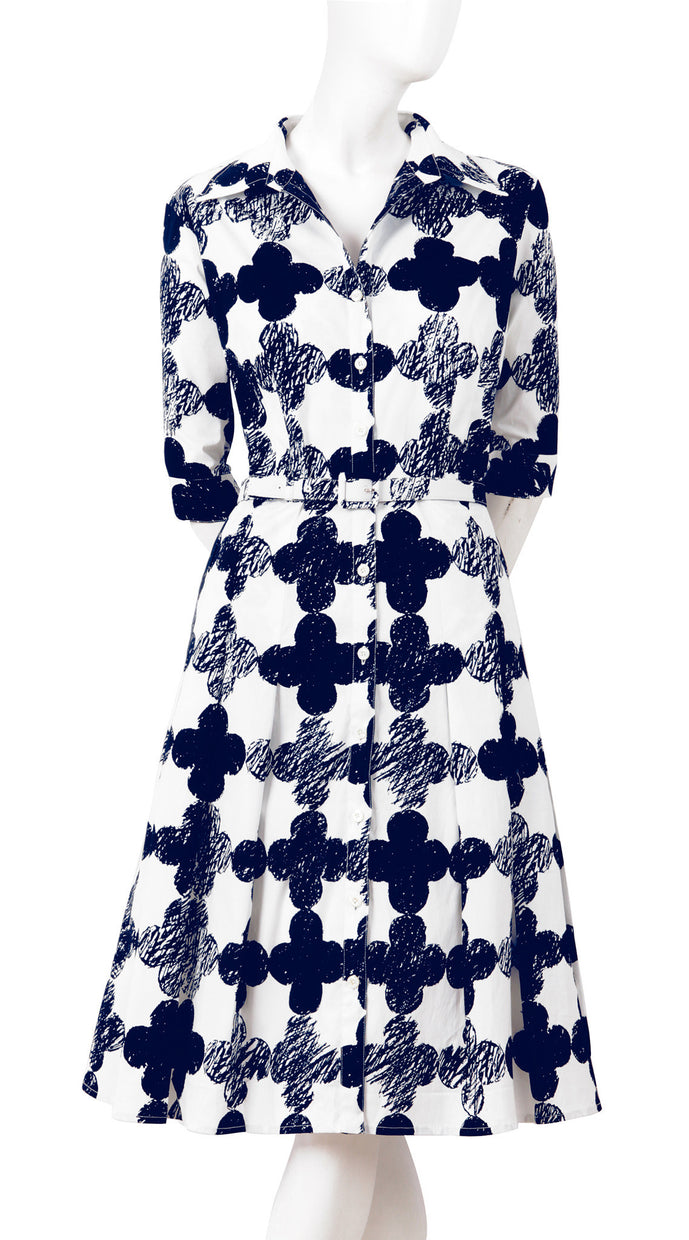 3/4 Sleeve | Pop CLover | White Indigo | Front | Shirt Dress By Samantha Sung