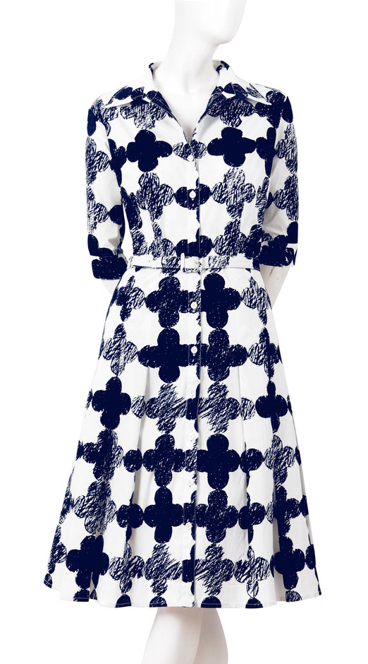 3/4 Sleeve | Pop CLover | White Indigo | Front | Shirt Dress By Samantha Sung