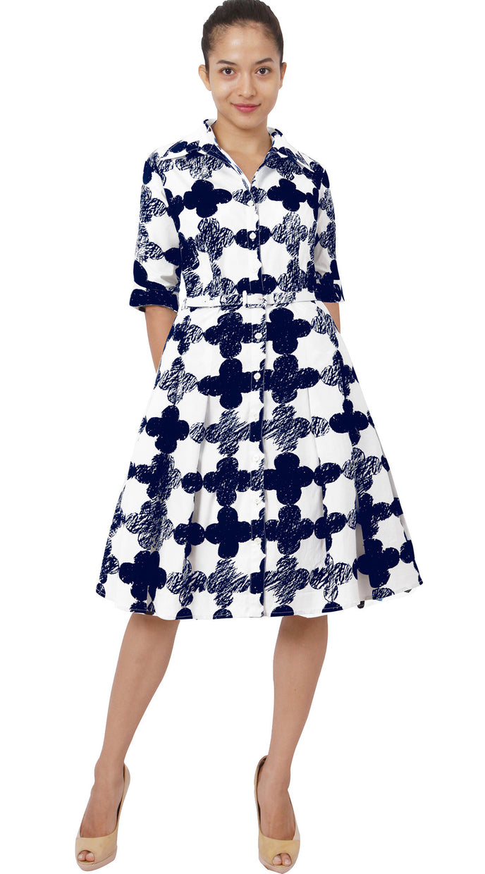 3/4 Sleeve | Pop CLover | White Indigo | Front | Shirt Dress By Samantha Sung