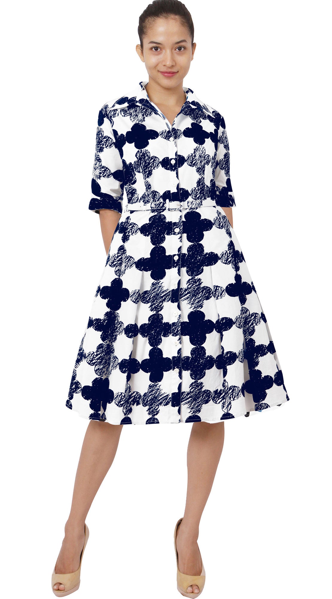 3/4 Sleeve | Pop CLover | White Indigo | Front | Shirt Dress By Samantha Sung