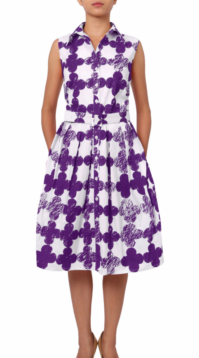 Sleeveless | Pop Clover | White Lilac | Front | Shirt Dress By Samantha Sung