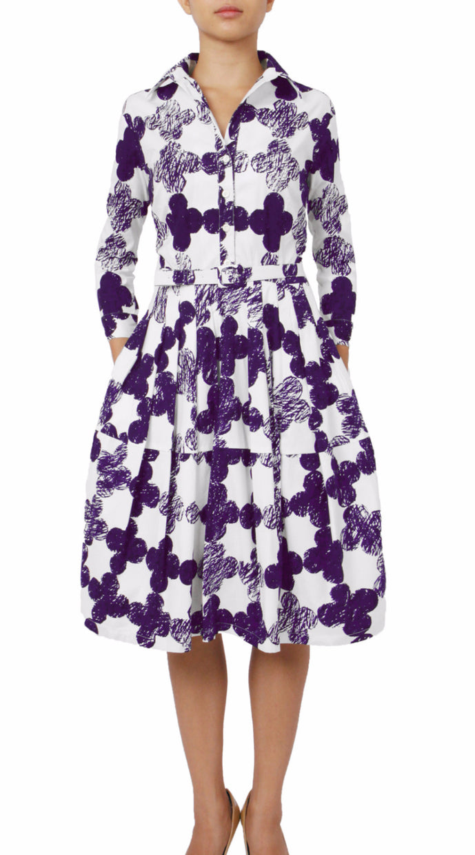 3/4 Sleeve | Pop Clover | White Lilac | Front | Shirt Dress By Samantha Sung