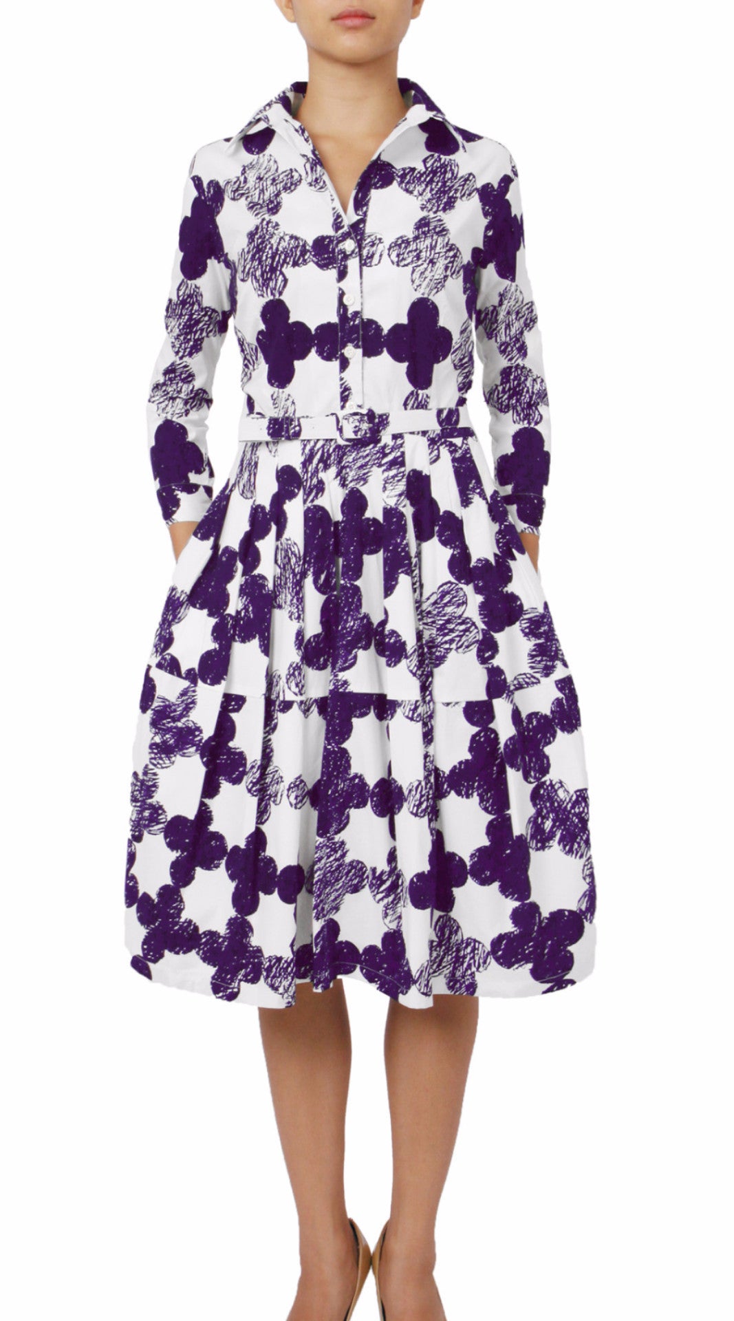 3/4 Sleeve | Pop Clover | White Lilac | Front | Shirt Dress By Samantha Sung
