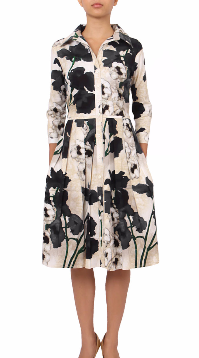 3/4 Sleeve | Poppy | Ivory Black | Front | Shirt Dress By Samantha Sung